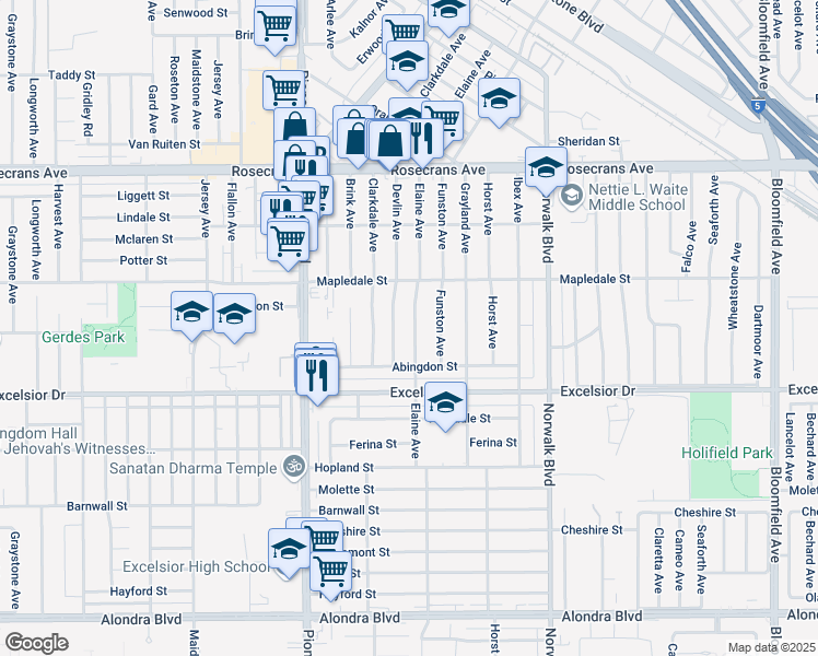 map of restaurants, bars, coffee shops, grocery stores, and more near 14723 Elaine Avenue in Norwalk