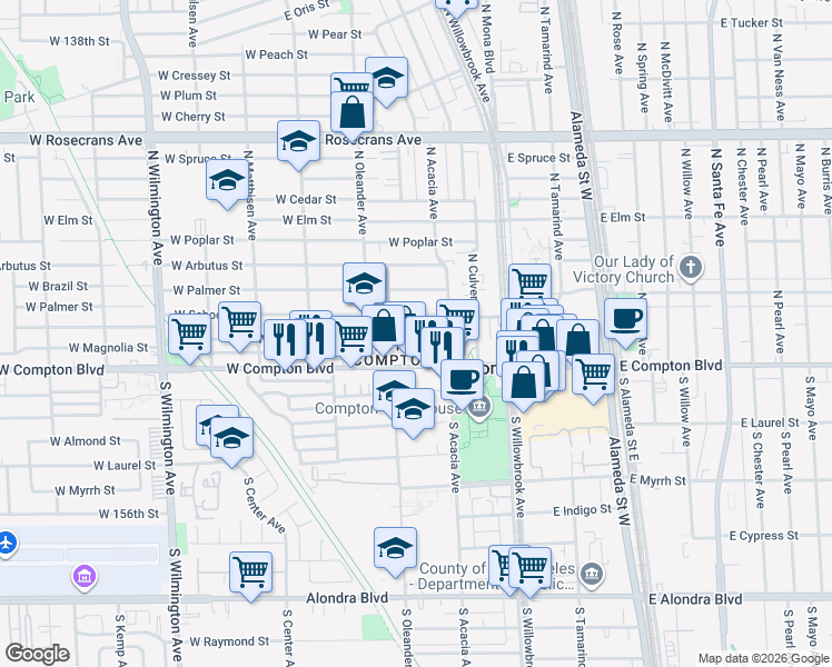map of restaurants, bars, coffee shops, grocery stores, and more near in Compton