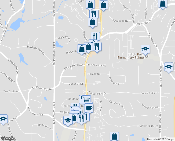 map of restaurants, bars, coffee shops, grocery stores, and more near 5197 Roswell Road in Atlanta