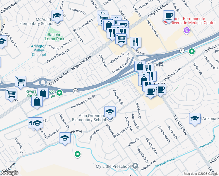 map of restaurants, bars, coffee shops, grocery stores, and more near 11363 Discovery Way in Riverside