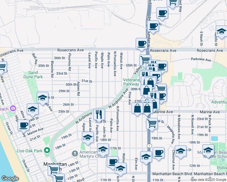 map of restaurants, bars, coffee shops, grocery stores, and more near 2901 North Poinsettia Avenue in Manhattan Beach