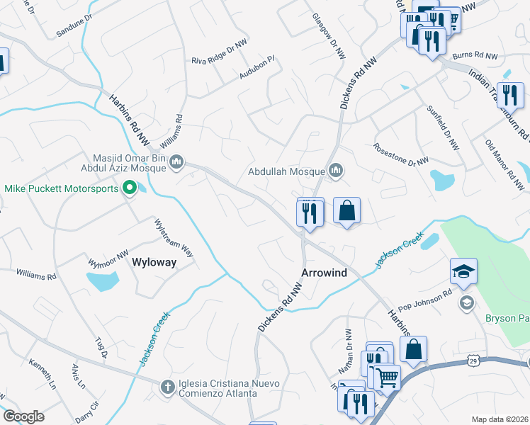 map of restaurants, bars, coffee shops, grocery stores, and more near 695 Harbins Cove Drive in Lilburn