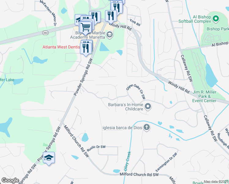 map of restaurants, bars, coffee shops, grocery stores, and more near 2376 June Springs Drive Southwest in Marietta