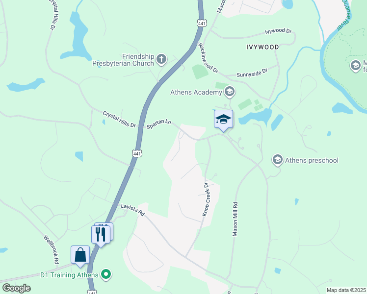 map of restaurants, bars, coffee shops, grocery stores, and more near 1051 Robinson Court in Athens