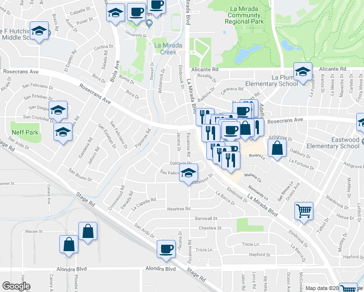 map of restaurants, bars, coffee shops, grocery stores, and more near 14742 Jacana Dr in La Mirada