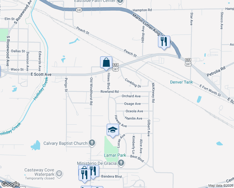 map of restaurants, bars, coffee shops, grocery stores, and more near 1604 Orchard Avenue in Wichita Falls