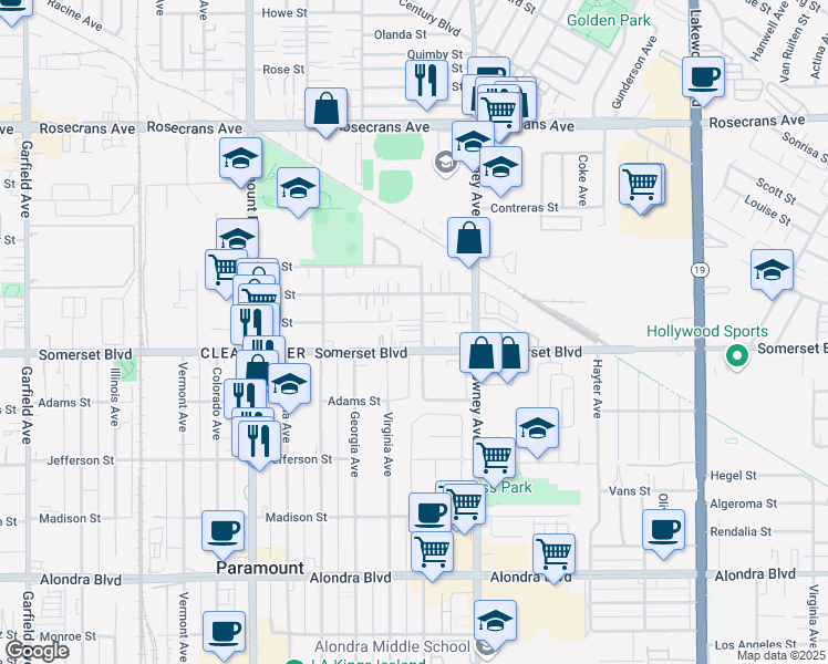 map of restaurants, bars, coffee shops, grocery stores, and more near 15015 Indiana Avenue in Paramount