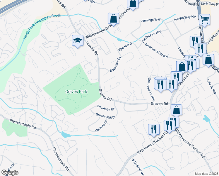 map of restaurants, bars, coffee shops, grocery stores, and more near 1522 Lancashire Place in Norcross