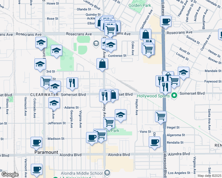 map of restaurants, bars, coffee shops, grocery stores, and more near 15000 Downey Avenue in Paramount