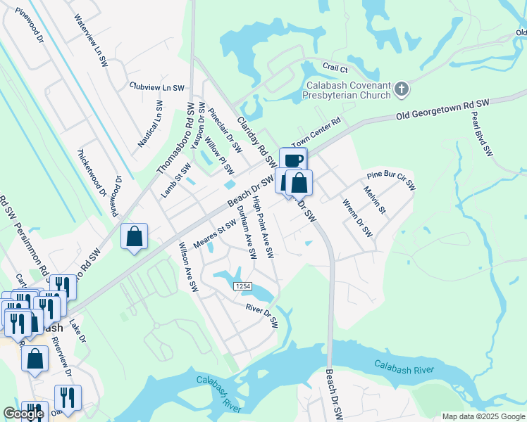 map of restaurants, bars, coffee shops, grocery stores, and more near 1007 High Point Avenue Southwest in Calabash