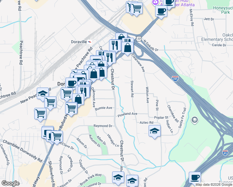 map of restaurants, bars, coffee shops, grocery stores, and more near 3611 Chestnut Drive in Doraville