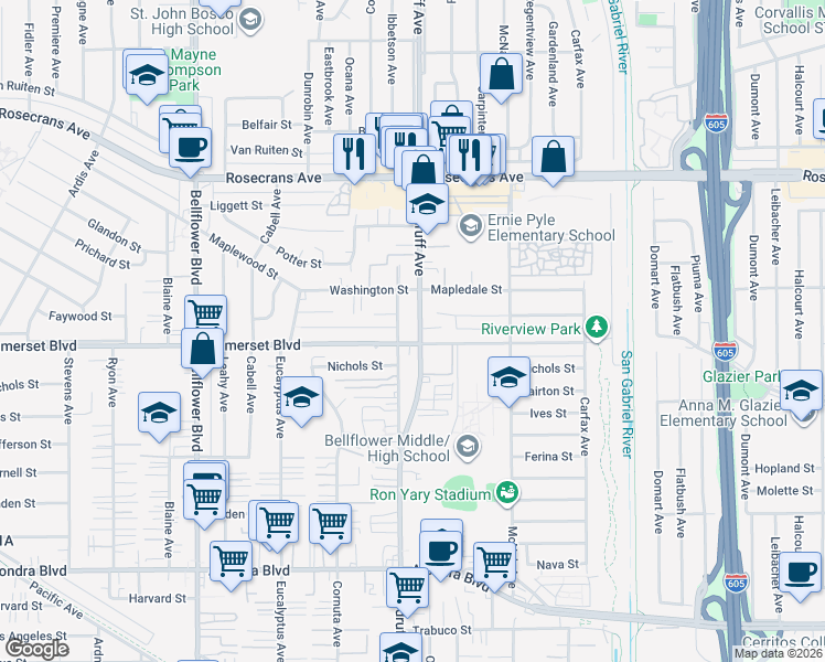 map of restaurants, bars, coffee shops, grocery stores, and more near 14747 Woodruff Avenue in Bellflower
