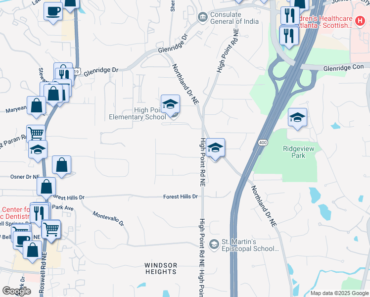 map of restaurants, bars, coffee shops, grocery stores, and more near 550 Timber Valley Road Northeast in Atlanta