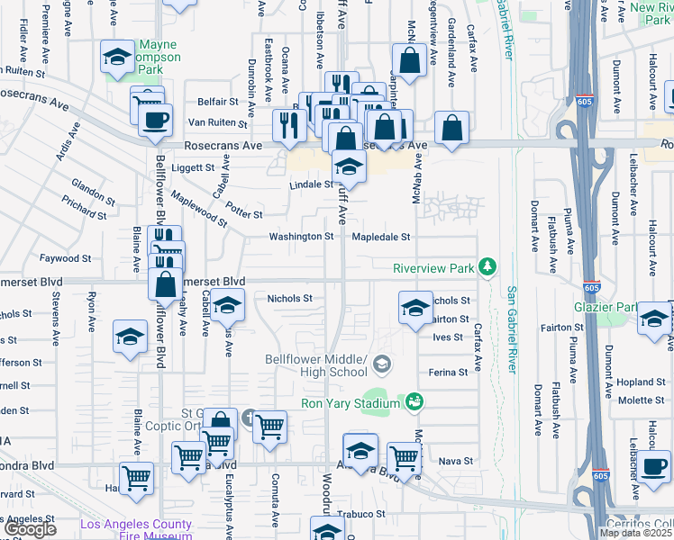 map of restaurants, bars, coffee shops, grocery stores, and more near 14747 Woodruff Avenue in Bellflower