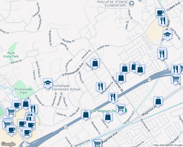 map of restaurants, bars, coffee shops, grocery stores, and more near 2981 Hampshire Circle in Corona