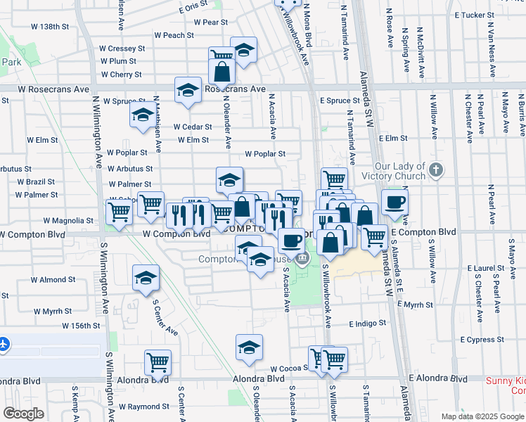 map of restaurants, bars, coffee shops, grocery stores, and more near 329 West Magnolia Street in Compton