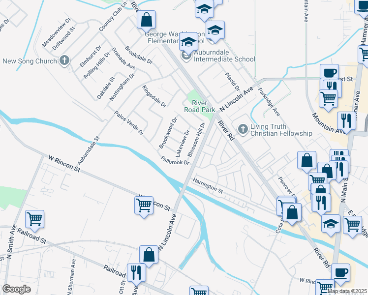 map of restaurants, bars, coffee shops, grocery stores, and more near 947 Lakeview Drive in Corona