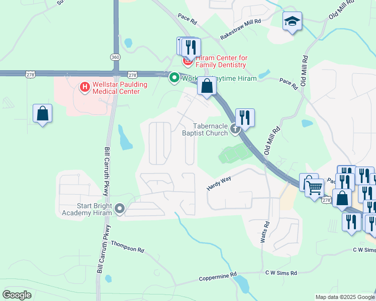 map of restaurants, bars, coffee shops, grocery stores, and more near 386 Highland Falls Drive in Hiram