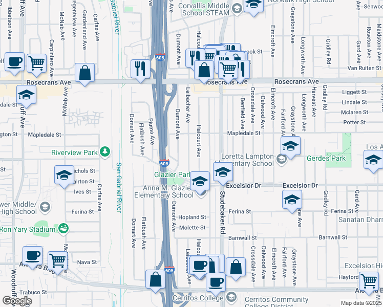 map of restaurants, bars, coffee shops, grocery stores, and more near 14706 Leibacher Avenue in Norwalk