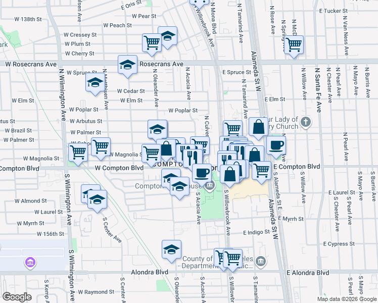 map of restaurants, bars, coffee shops, grocery stores, and more near 309 West Magnolia Street in Compton