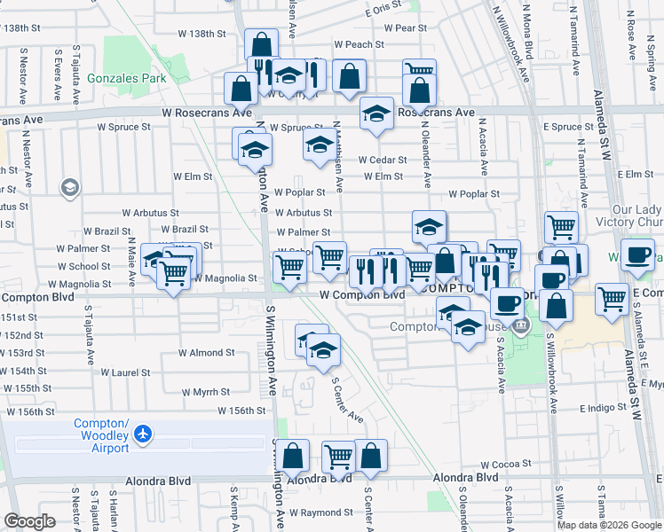 map of restaurants, bars, coffee shops, grocery stores, and more near 613 West Magnolia Street in Compton