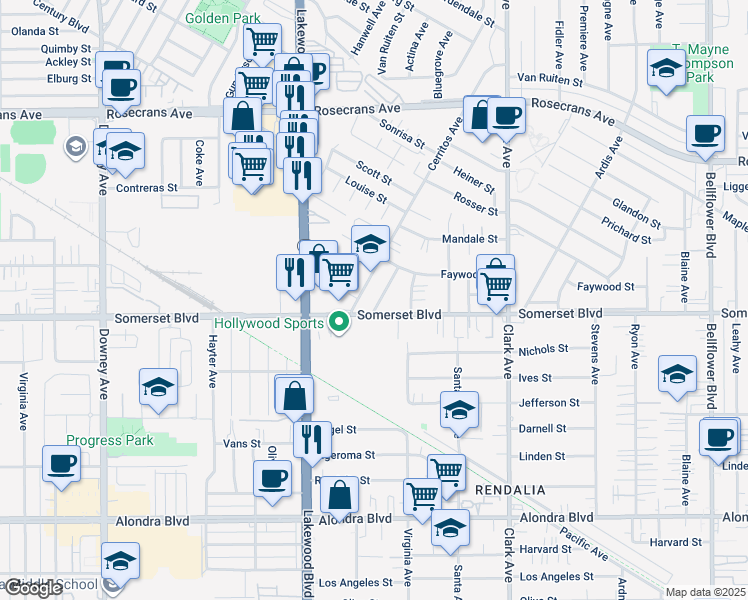 map of restaurants, bars, coffee shops, grocery stores, and more near 14949 Bayou Avenue in Bellflower