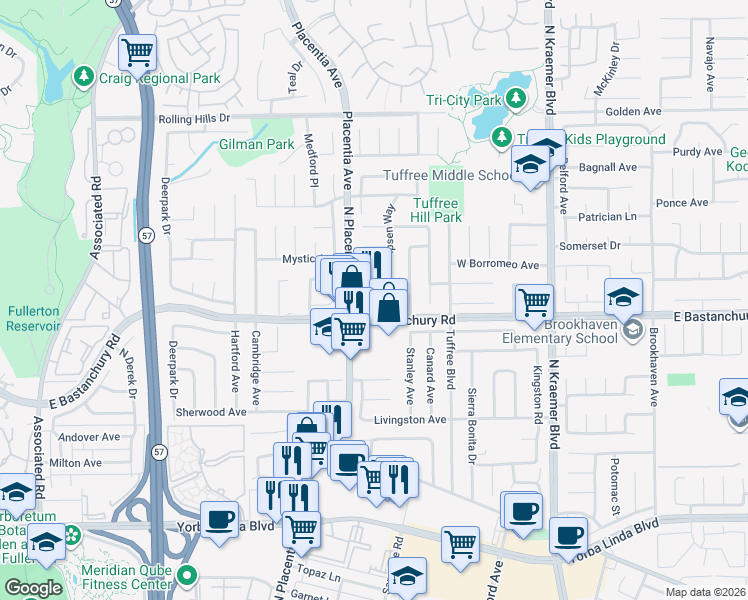 map of restaurants, bars, coffee shops, grocery stores, and more near 419 Nell Circle in Placentia