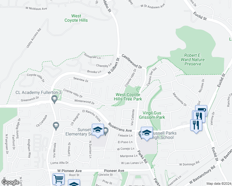 map of restaurants, bars, coffee shops, grocery stores, and more near 1877 Berkshire Drive in Fullerton