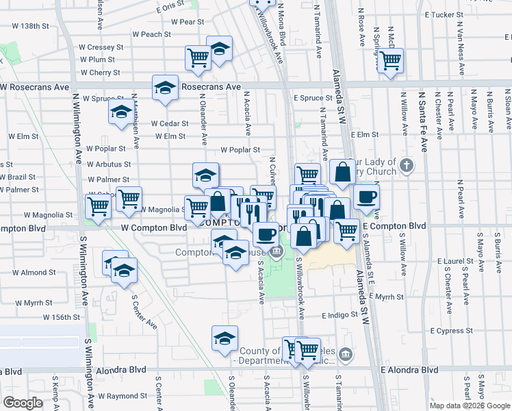map of restaurants, bars, coffee shops, grocery stores, and more near 301 West Magnolia Street in Compton