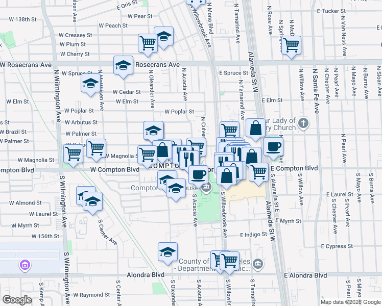 map of restaurants, bars, coffee shops, grocery stores, and more near 309 West Magnolia Street in Compton