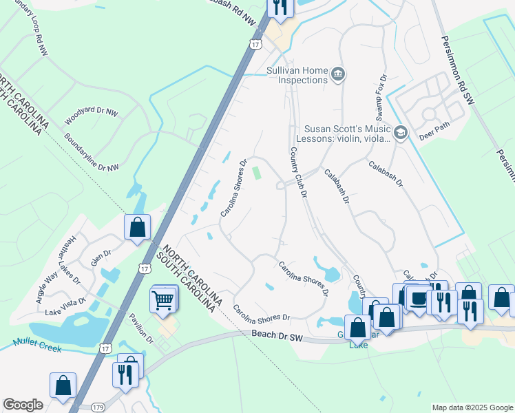 map of restaurants, bars, coffee shops, grocery stores, and more near 15 Sunrise Ct in Carolina Shores
