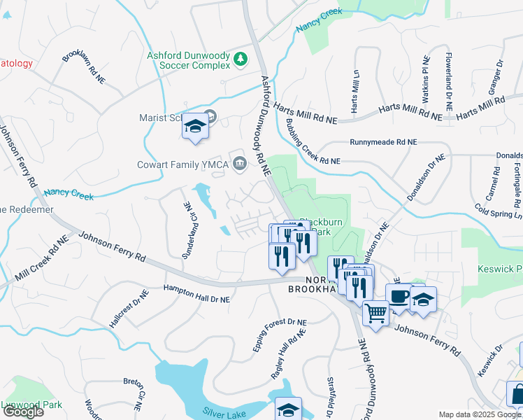 map of restaurants, bars, coffee shops, grocery stores, and more near 3645 Ashford Creek Place Northeast in Atlanta