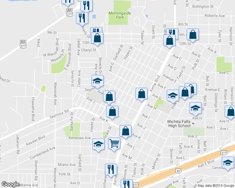 map of restaurants, bars, coffee shops, grocery stores, and more near 1807 Tilden Street in Wichita Falls