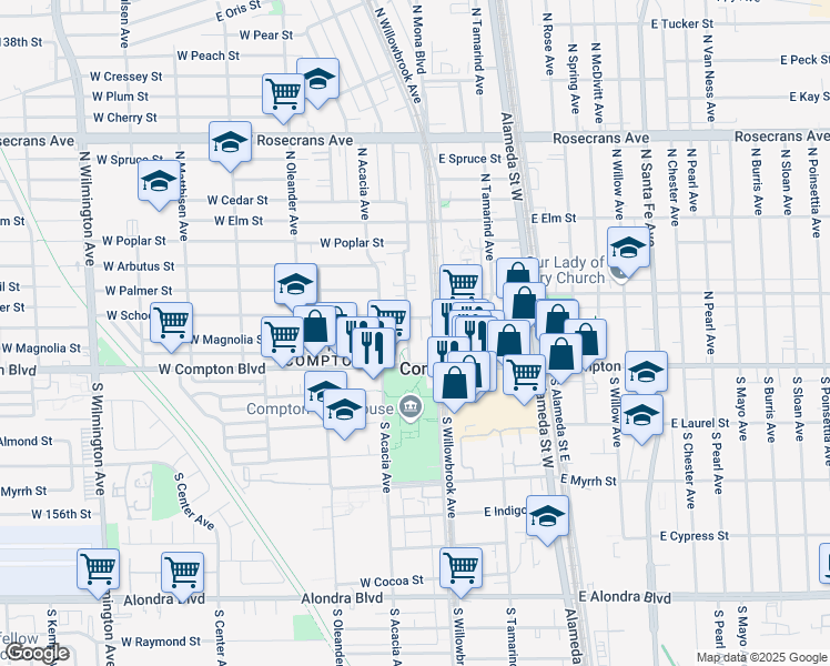 map of restaurants, bars, coffee shops, grocery stores, and more near 202 North Culver Avenue in Compton
