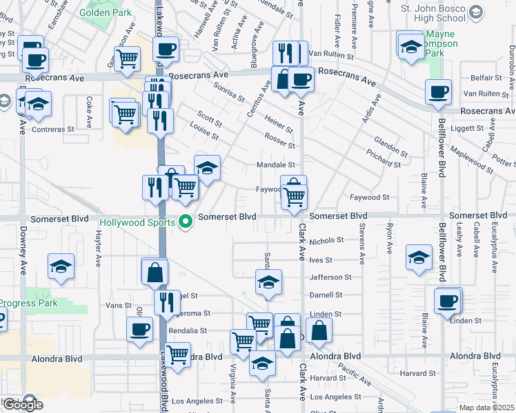 map of restaurants, bars, coffee shops, grocery stores, and more near 14929 Liblen Avenue in Bellflower