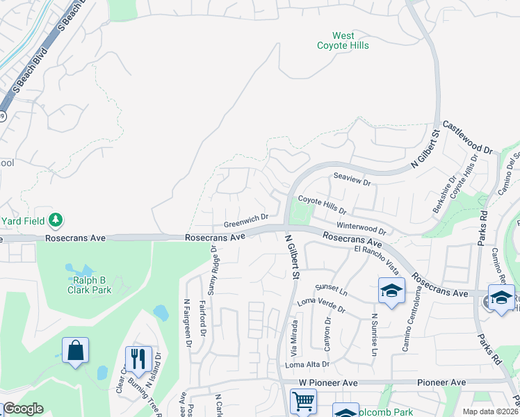 map of restaurants, bars, coffee shops, grocery stores, and more near 2123 Foxwood Place in Fullerton