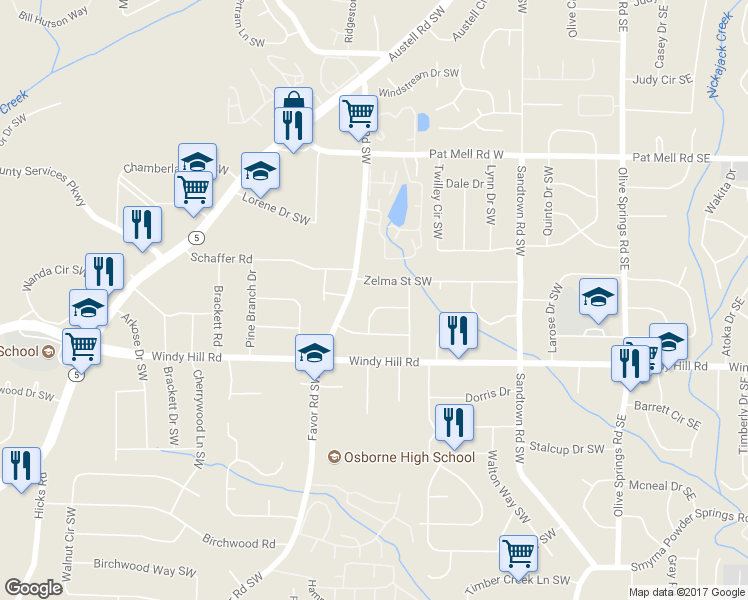 map of restaurants, bars, coffee shops, grocery stores, and more near 358 Copeland Lane Southwest in Marietta