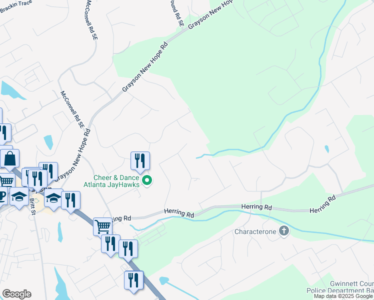 map of restaurants, bars, coffee shops, grocery stores, and more near 2322 Herring Woods Trail in Grayson