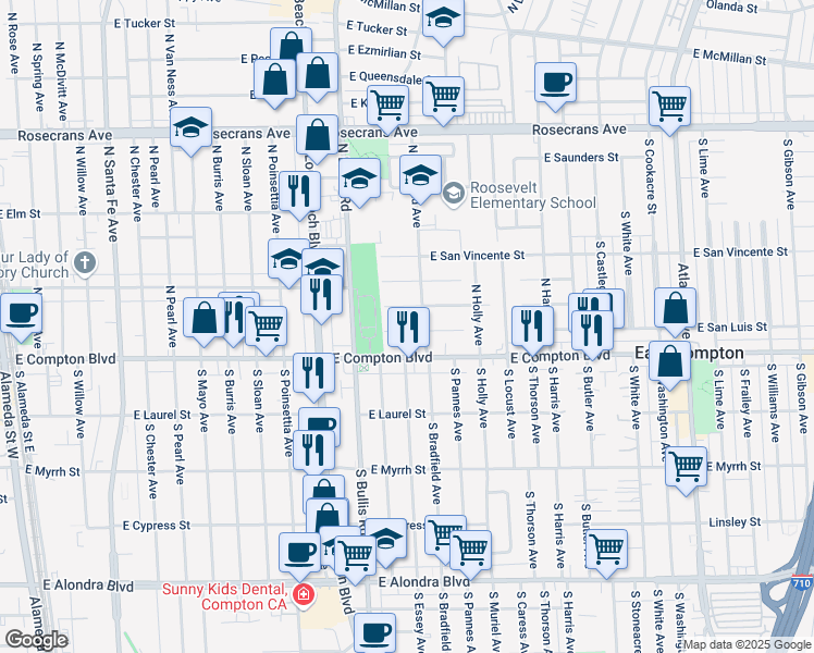 map of restaurants, bars, coffee shops, grocery stores, and more near 1707 East San Luis Street in Compton