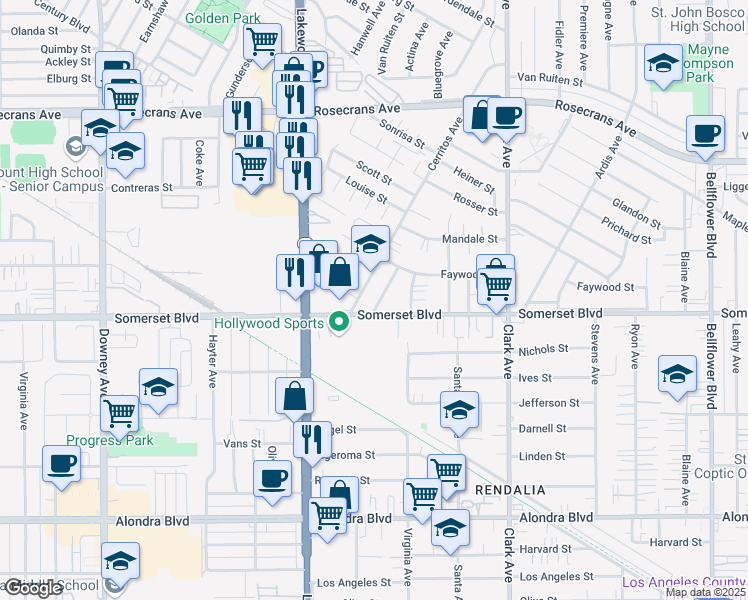 map of restaurants, bars, coffee shops, grocery stores, and more near 14949 Bayou Avenue in Bellflower