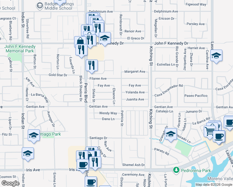 map of restaurants, bars, coffee shops, grocery stores, and more near 15394 Eleanor Lane in Moreno Valley