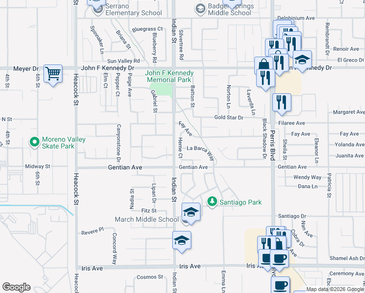 map of restaurants, bars, coffee shops, grocery stores, and more near 24532 La Barca Way in Moreno Valley