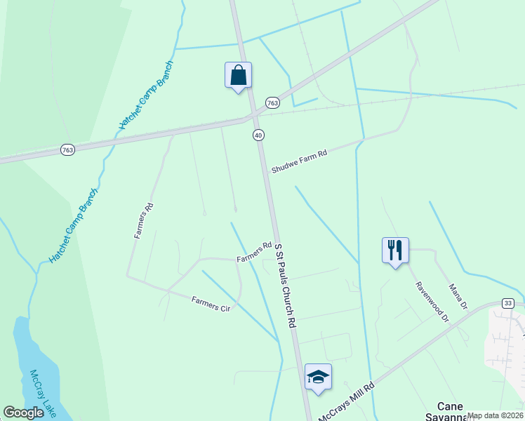 map of restaurants, bars, coffee shops, grocery stores, and more near 836 South Saint Pauls Church Road in Sumter