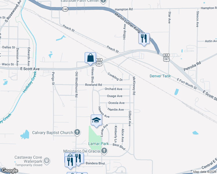 map of restaurants, bars, coffee shops, grocery stores, and more near 1620 Orchard Avenue in Wichita Falls