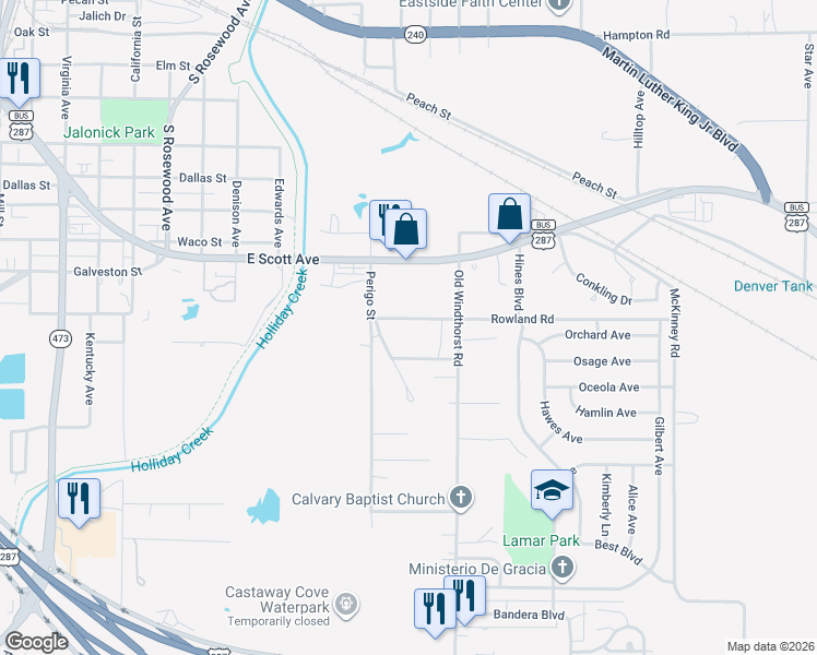map of restaurants, bars, coffee shops, grocery stores, and more near 1107 Rowland Road in Wichita Falls