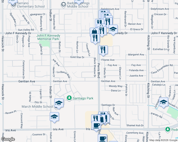 map of restaurants, bars, coffee shops, grocery stores, and more near 24932 El Braso Drive in Moreno Valley