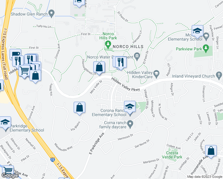 map of restaurants, bars, coffee shops, grocery stores, and more near 957 Palo Cedro Drive in Corona