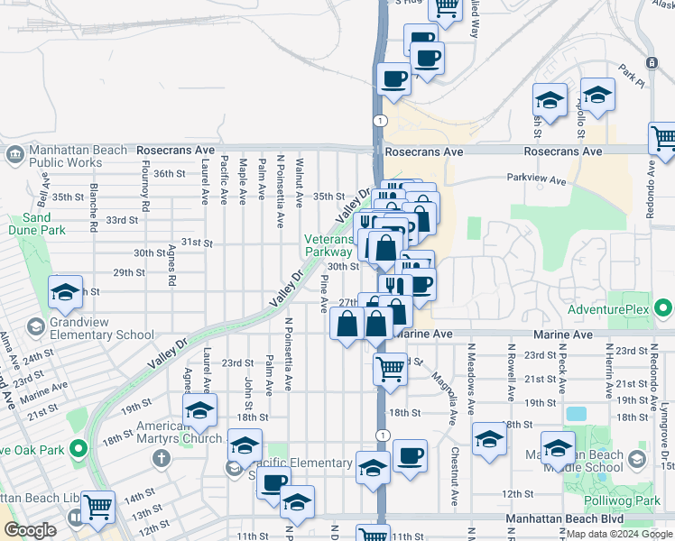 map of restaurants, bars, coffee shops, grocery stores, and more near 2911 Elm Avenue in Manhattan Beach
