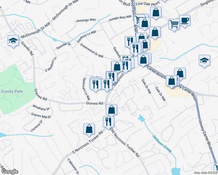 map of restaurants, bars, coffee shops, grocery stores, and more near 6101 South Norcross Tucker Road in Norcross