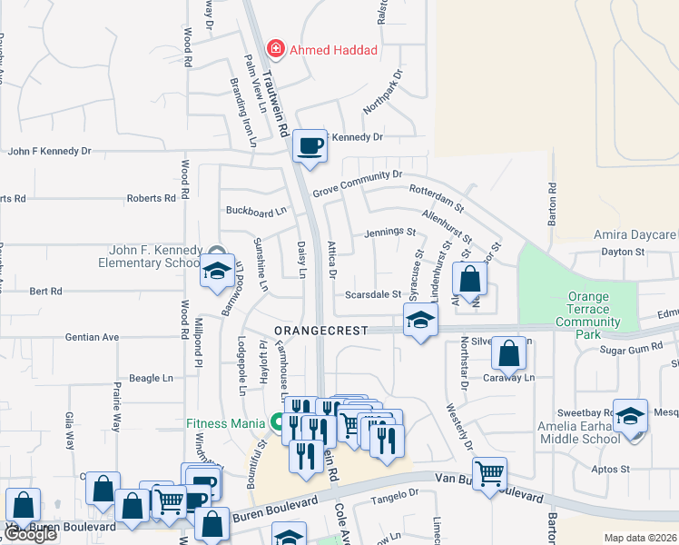 map of restaurants, bars, coffee shops, grocery stores, and more near 8448 Attica Drive in Riverside